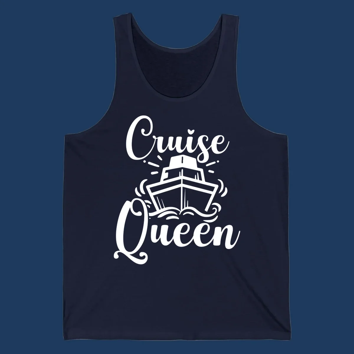 White cruise ship illustration with ocean waves and 'Cruise Queen' text in elegant script on gray background