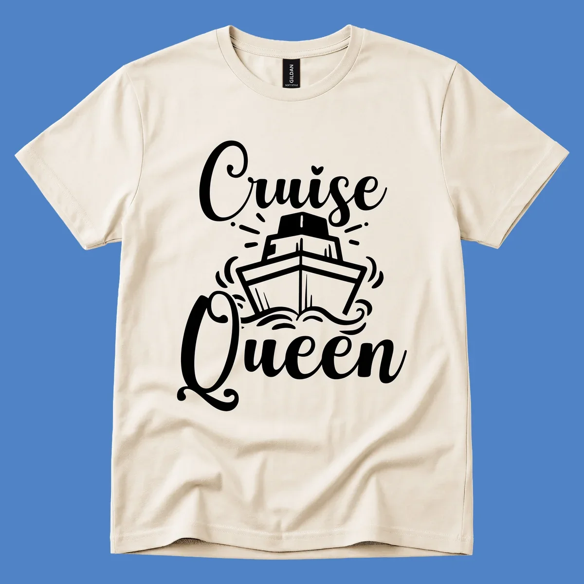 White cruise ship illustration with ocean waves and 'Cruise Queen' text in elegant script on gray background