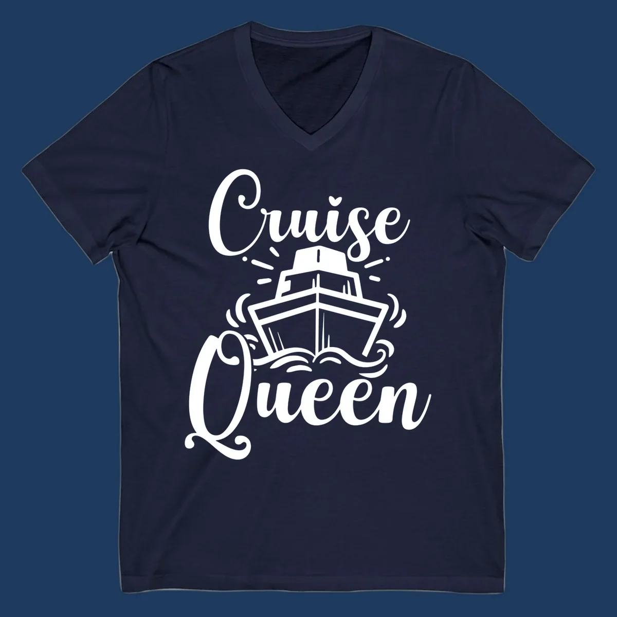 White cruise ship illustration with ocean waves and 'Cruise Queen' text in elegant script on gray background