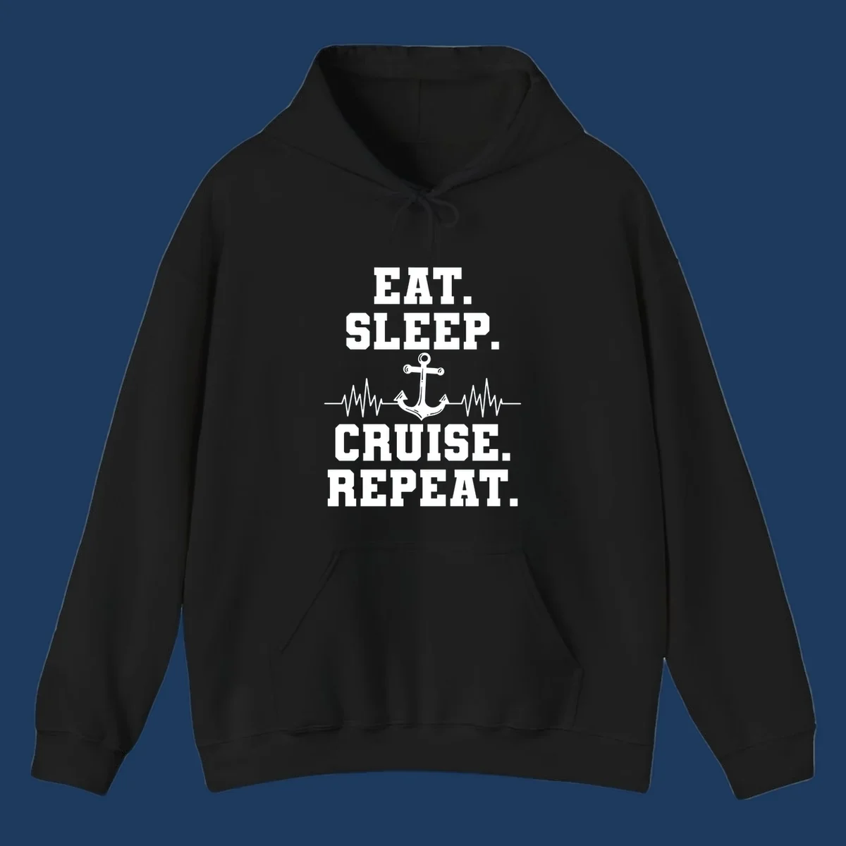 White anchor with heartbeat lines and text reading 'Eat Sleep Cruise Repeat' on gray background