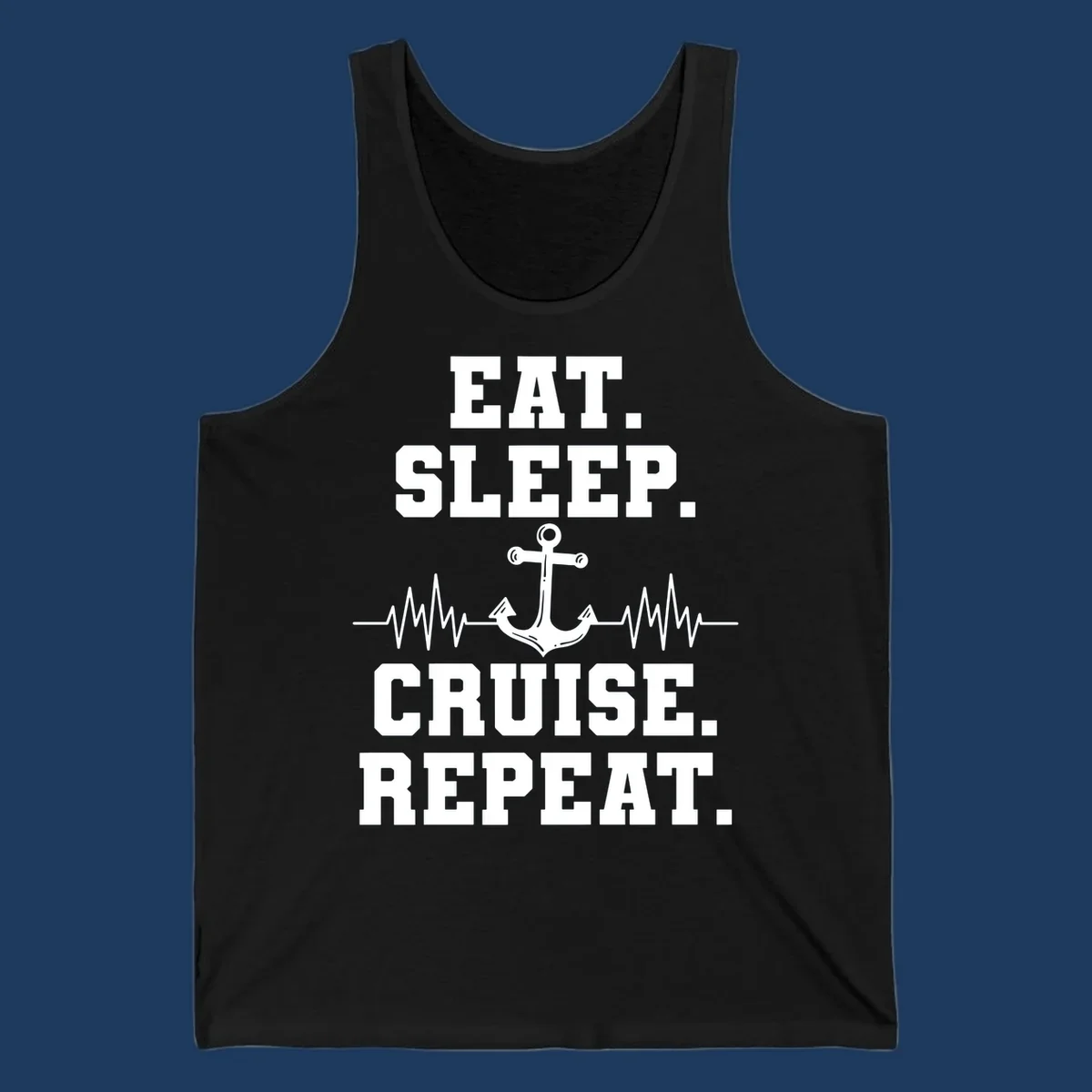 White anchor with heartbeat lines and text reading 'Eat Sleep Cruise Repeat' on gray background