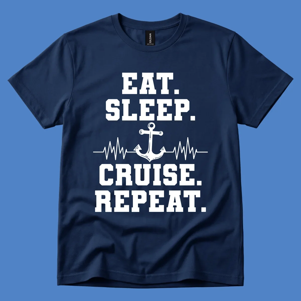 White anchor with heartbeat lines and text reading 'Eat Sleep Cruise Repeat' on gray background