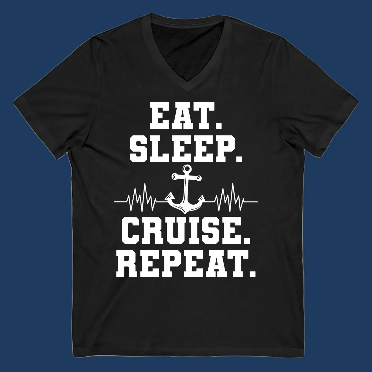 White anchor with heartbeat lines and text reading 'Eat Sleep Cruise Repeat' on gray background