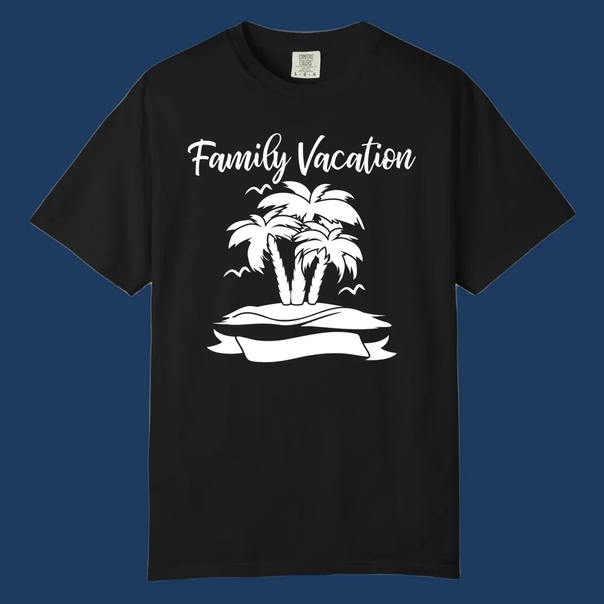 Illustration of two palm trees on a sandy island with seagulls and 'Family Vacation' text in script font