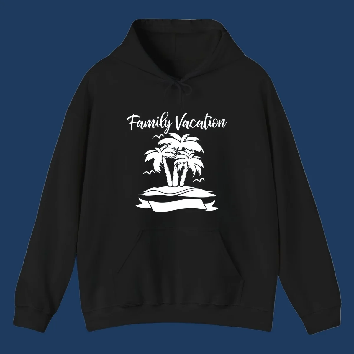 Illustration of two palm trees on a sandy island with seagulls and 'Family Vacation' text in script font