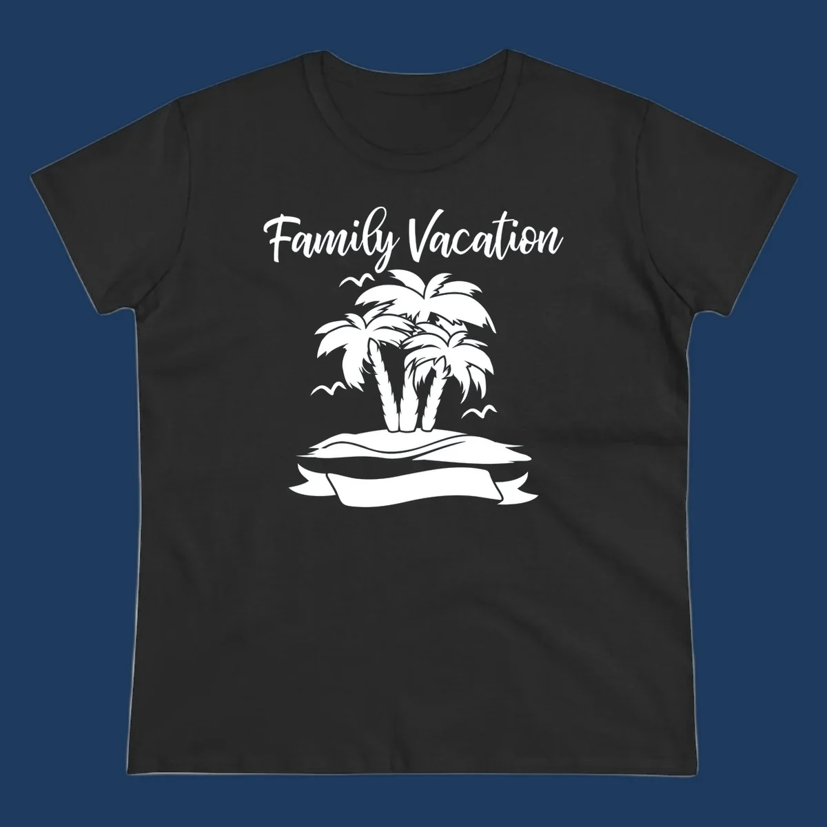 Illustration of two palm trees on a sandy island with seagulls and 'Family Vacation' text in script font