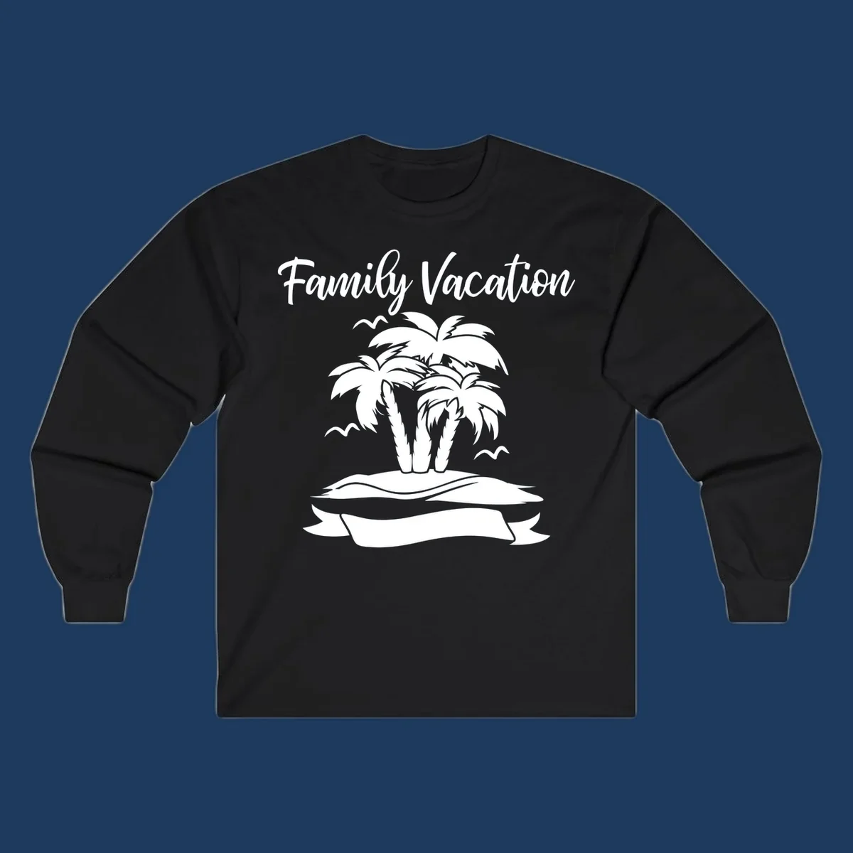 Illustration of two palm trees on a sandy island with seagulls and 'Family Vacation' text in script font