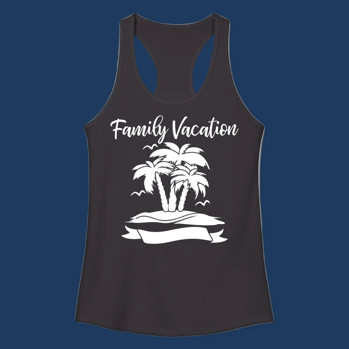 Illustration of two palm trees on a sandy island with seagulls and 'Family Vacation' text in script font