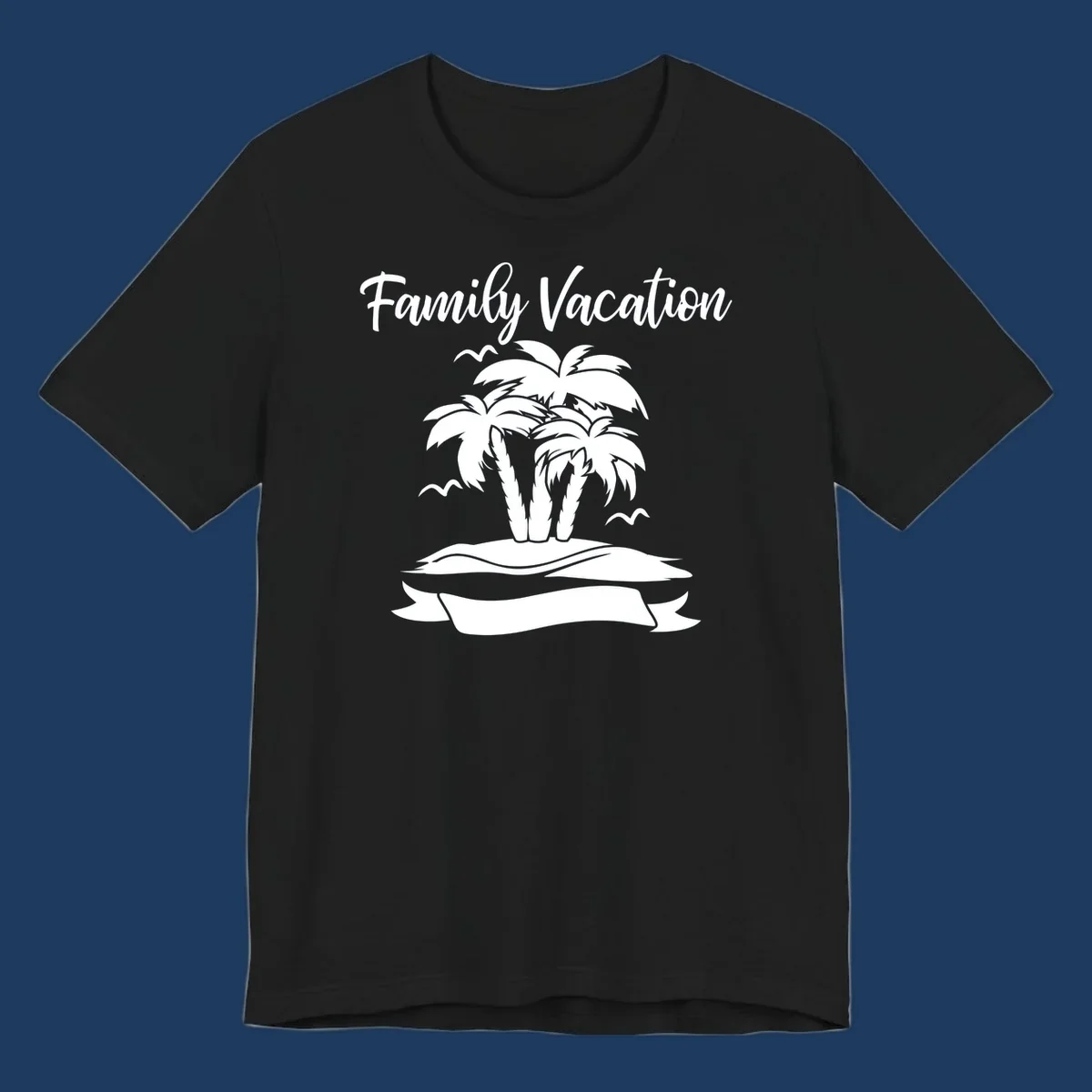 Illustration of two palm trees on a sandy island with seagulls and 'Family Vacation' text in script font