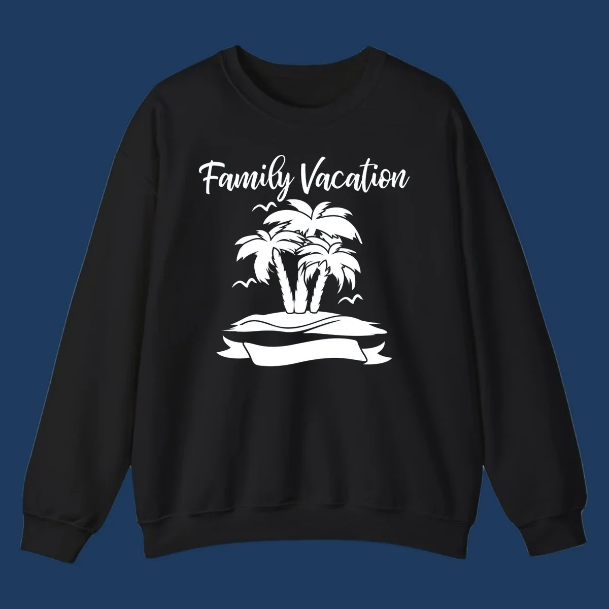 Illustration of two palm trees on a sandy island with seagulls and 'Family Vacation' text in script font