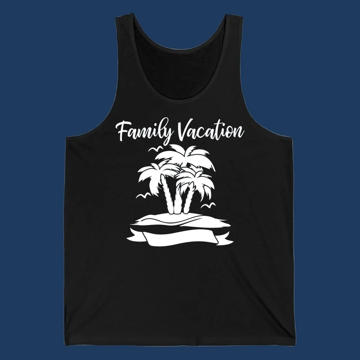 Illustration of two palm trees on a sandy island with seagulls and 'Family Vacation' text in script font
