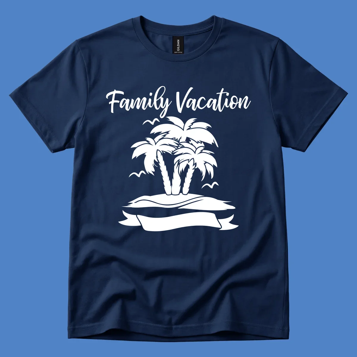 Illustration of two palm trees on a sandy island with seagulls and 'Family Vacation' text in script font