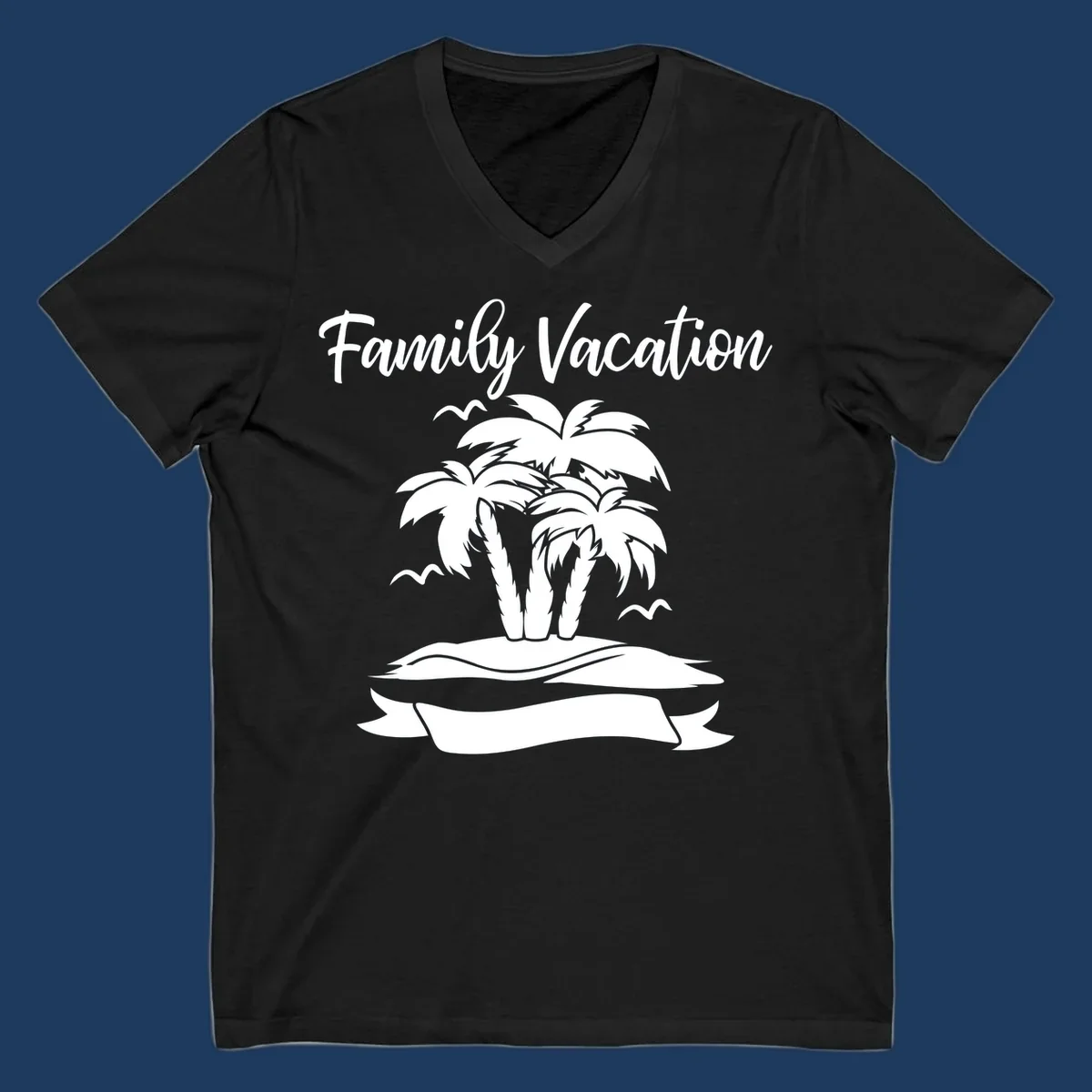 Illustration of two palm trees on a sandy island with seagulls and 'Family Vacation' text in script font
