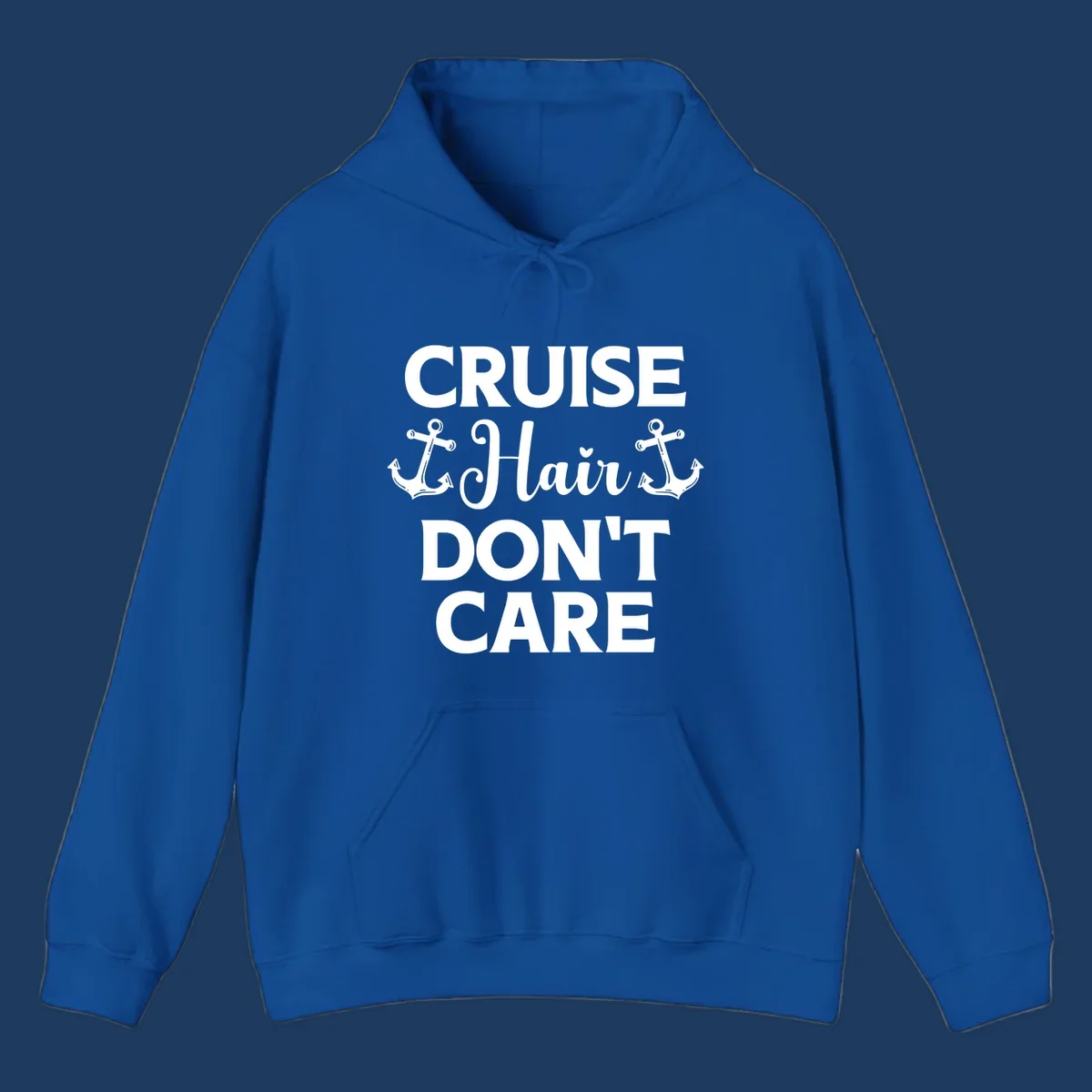 White text reading 'Cruise Hair Don't Care' with nautical anchors on gray background