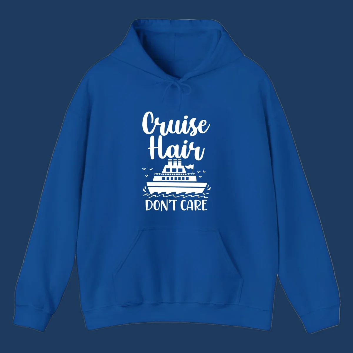Cruise hair don't care design featuring a white cruise ship on ocean waves with seagulls, playful vacation lettering on gray background
