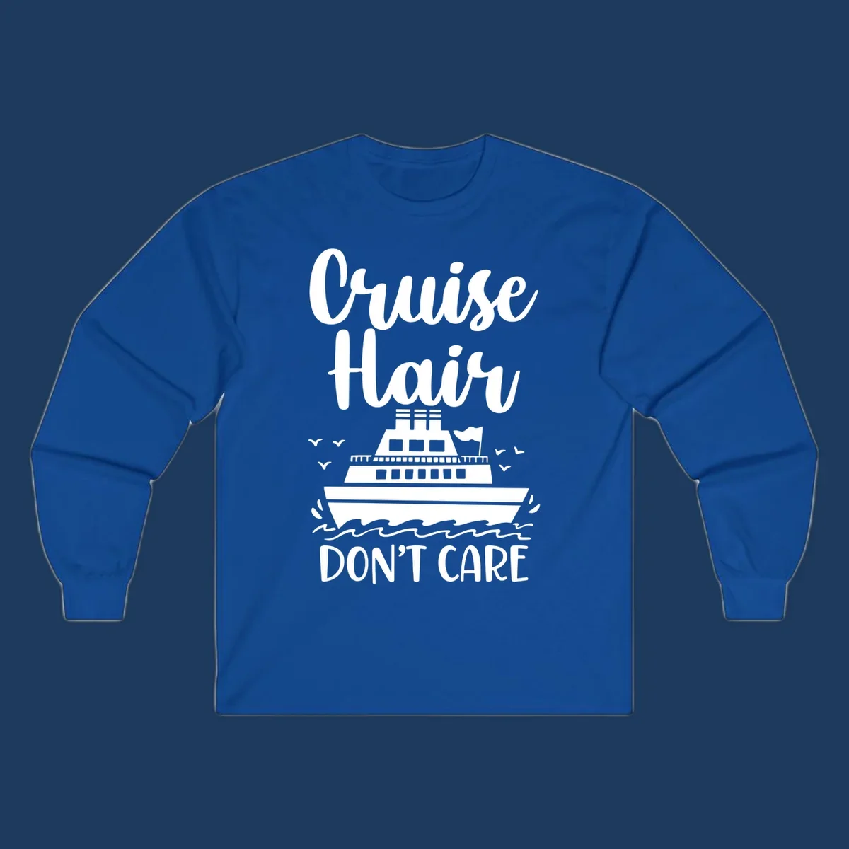 Cruise hair don't care design featuring a white cruise ship on ocean waves with seagulls, playful vacation lettering on gray background