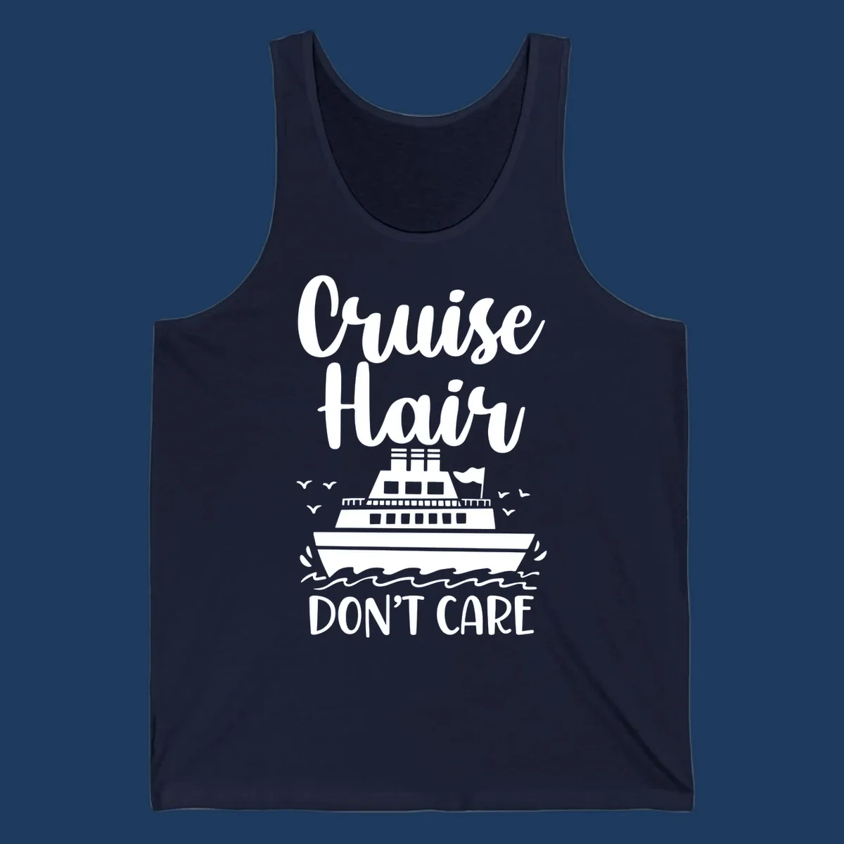 Cruise hair don't care design featuring a white cruise ship on ocean waves with seagulls, playful vacation lettering on gray background
