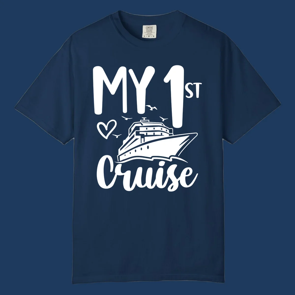 White illustrated cruise ship with heart and seagulls, text reads MY 1ST Cruise on gray background celebrating first-cruise-celebration