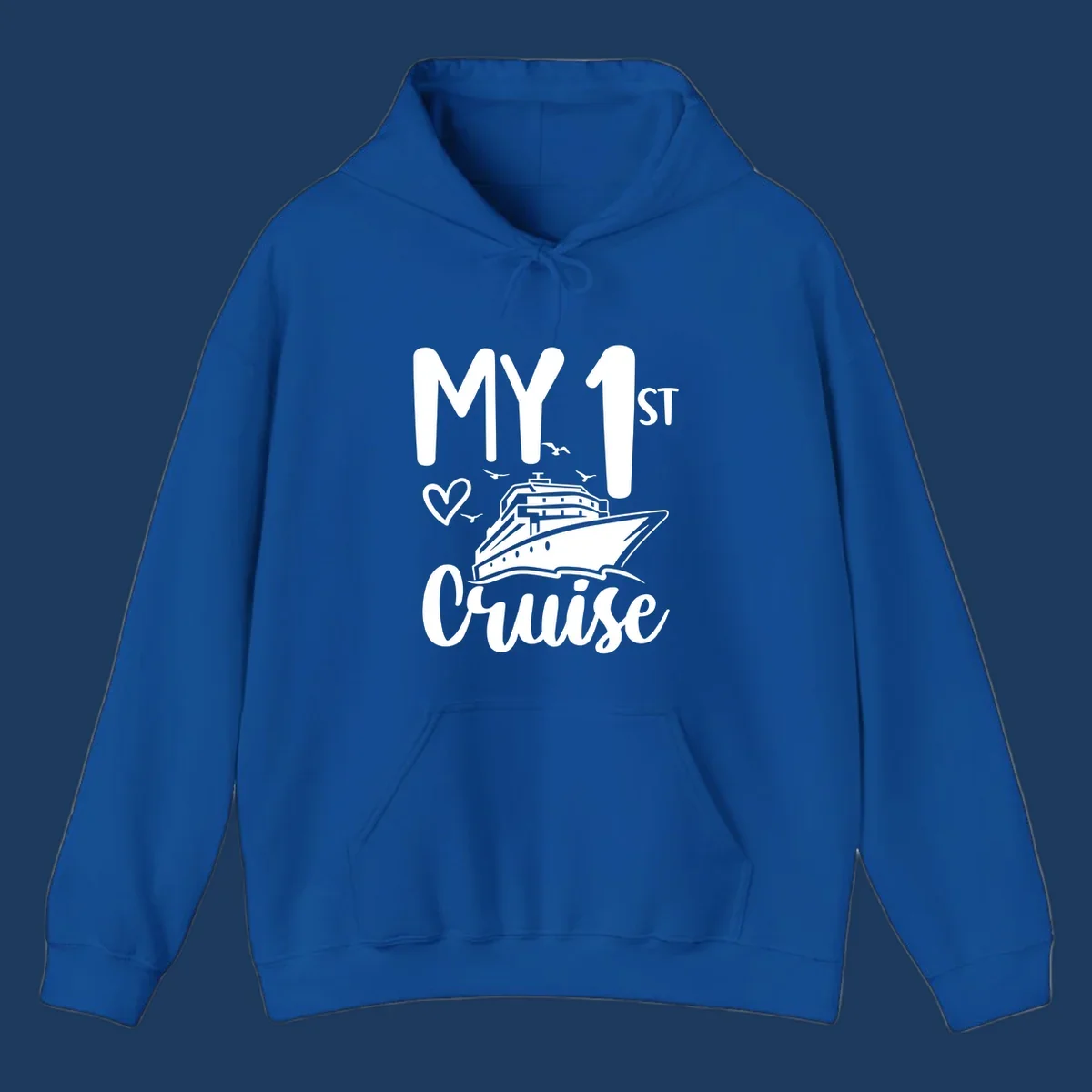 White illustrated cruise ship with heart and seagulls, text reads MY 1ST Cruise on gray background celebrating first-cruise-celebration