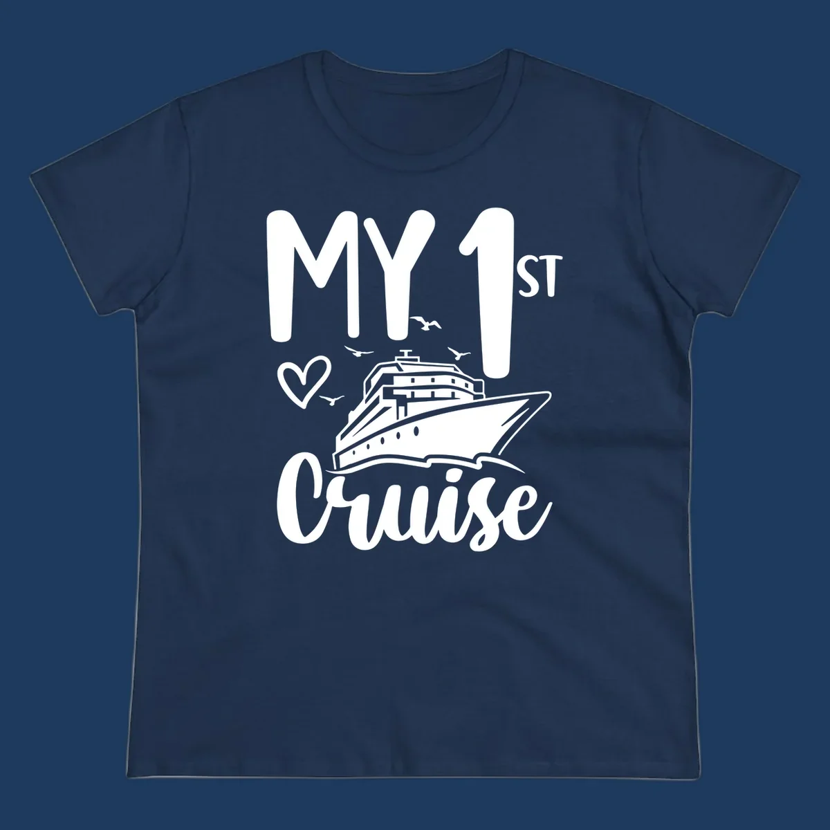 White illustrated cruise ship with heart and seagulls, text reads MY 1ST Cruise on gray background celebrating first-cruise-celebration
