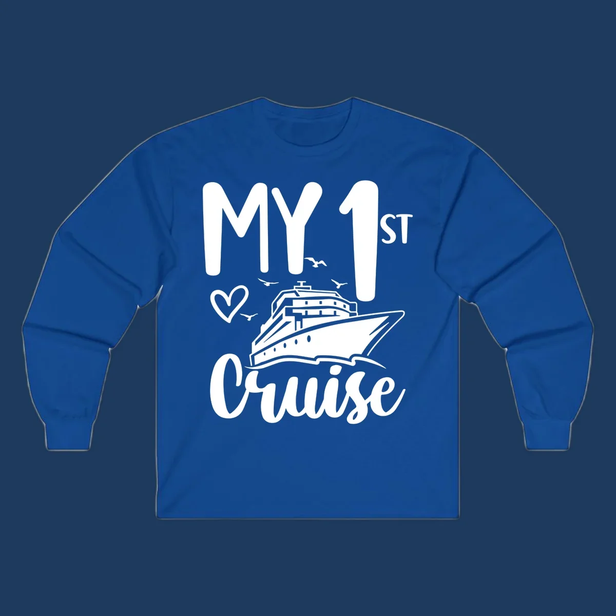 White illustrated cruise ship with heart and seagulls, text reads MY 1ST Cruise on gray background celebrating first-cruise-celebration