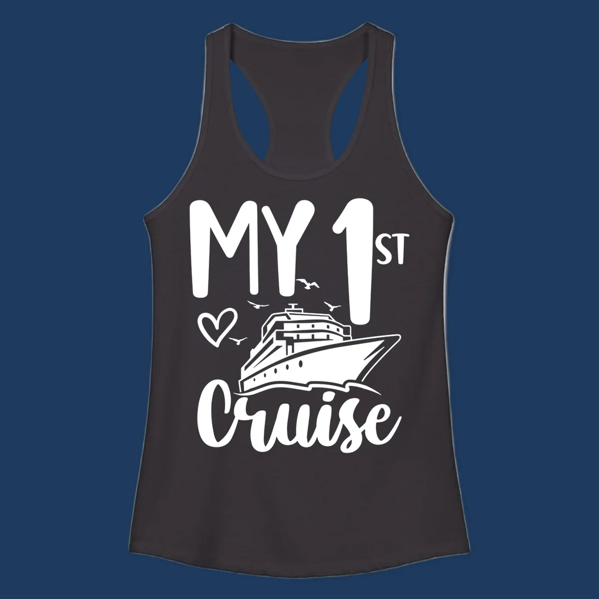 White illustrated cruise ship with heart and seagulls, text reads MY 1ST Cruise on gray background celebrating first-cruise-celebration