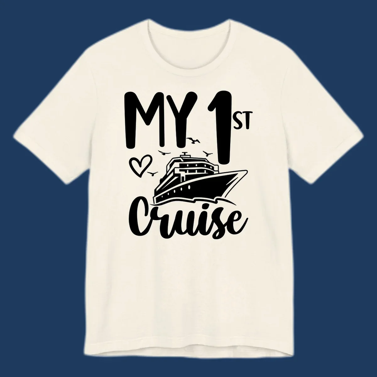 White illustrated cruise ship with heart and seagulls, text reads MY 1ST Cruise on gray background celebrating first-cruise-celebration