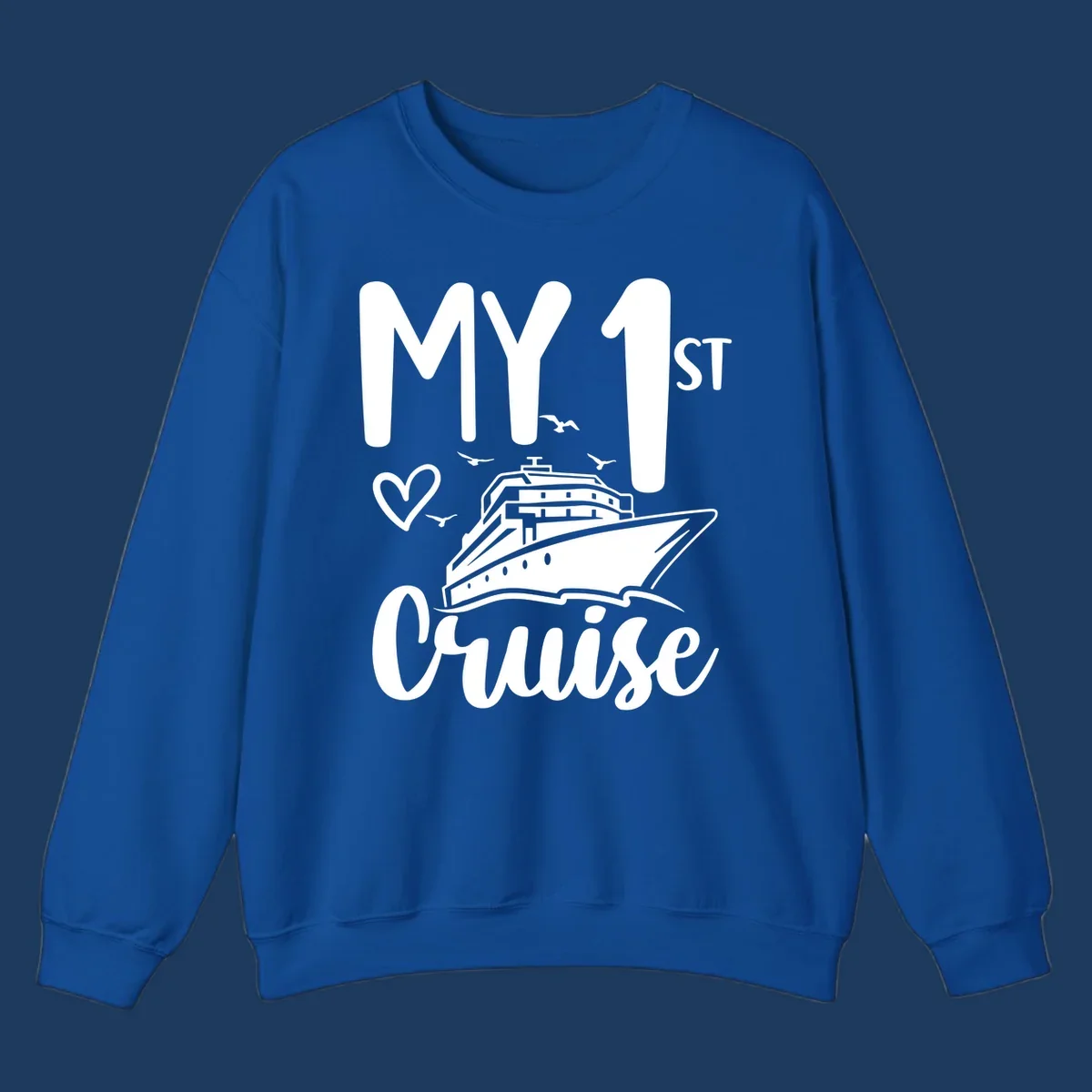 White illustrated cruise ship with heart and seagulls, text reads MY 1ST Cruise on gray background celebrating first-cruise-celebration