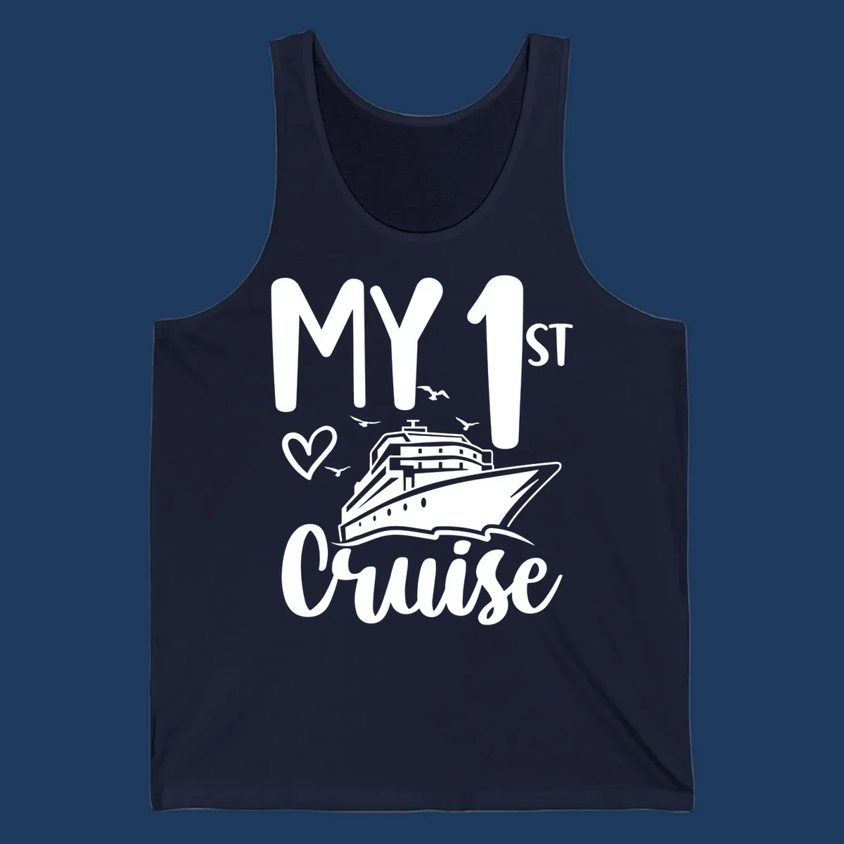 White illustrated cruise ship with heart and seagulls, text reads MY 1ST Cruise on gray background celebrating first-cruise-celebration