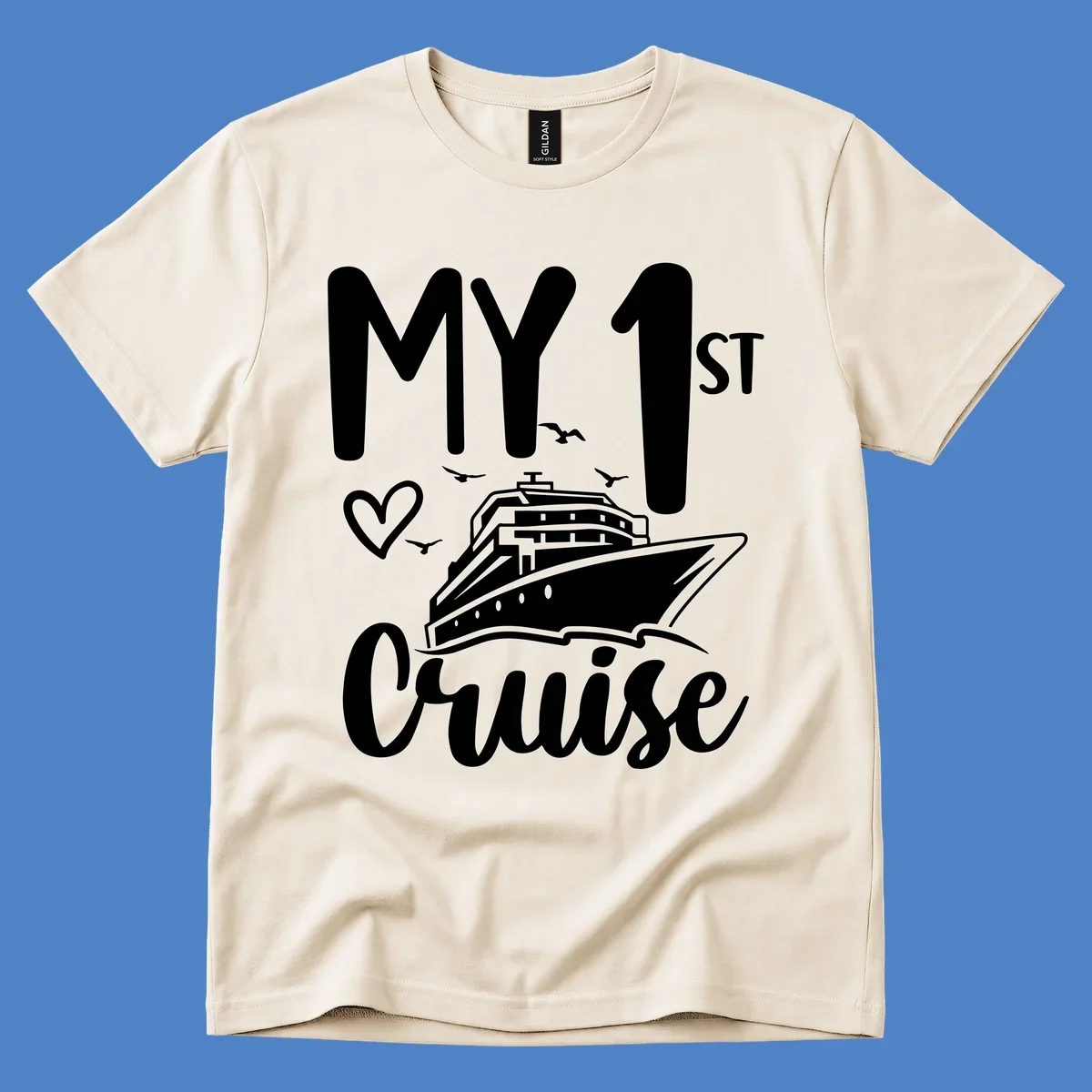 White illustrated cruise ship with heart and seagulls, text reads MY 1ST Cruise on gray background celebrating first-cruise-celebration