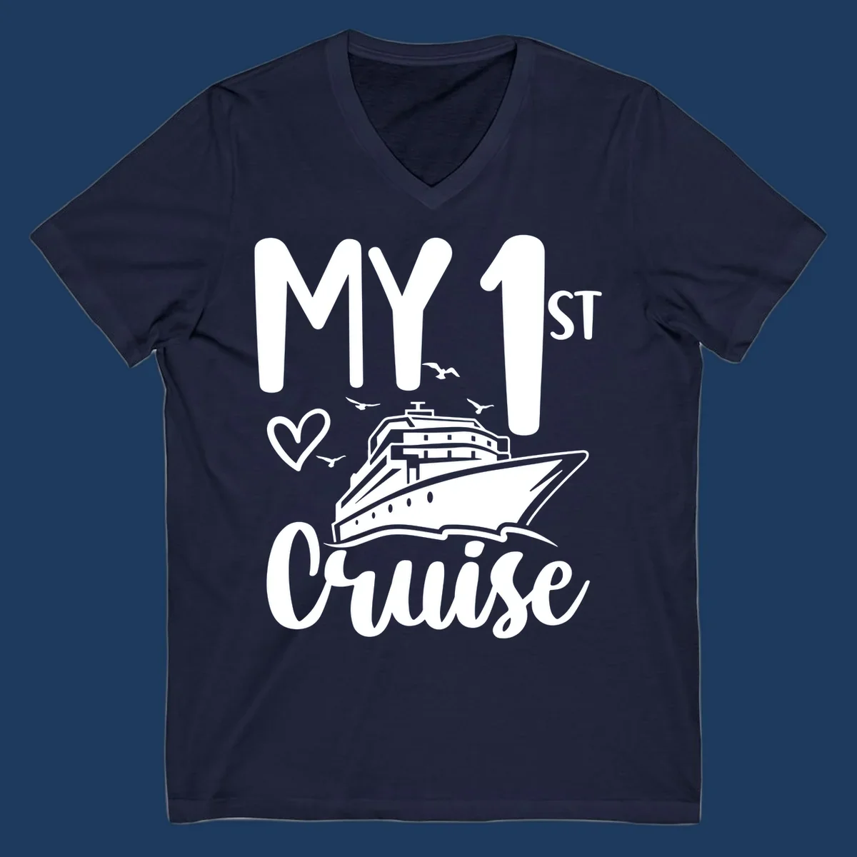 White illustrated cruise ship with heart and seagulls, text reads MY 1ST Cruise on gray background celebrating first-cruise-celebration