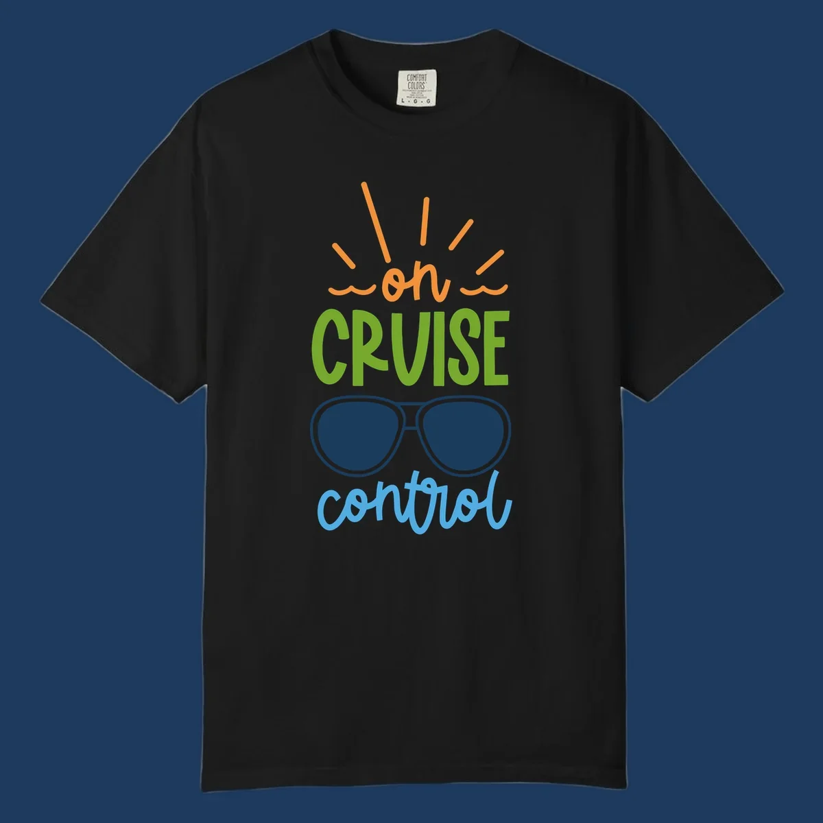 Colorful oh cruise control design with sun rays, wavy lines, and sunglasses illustration