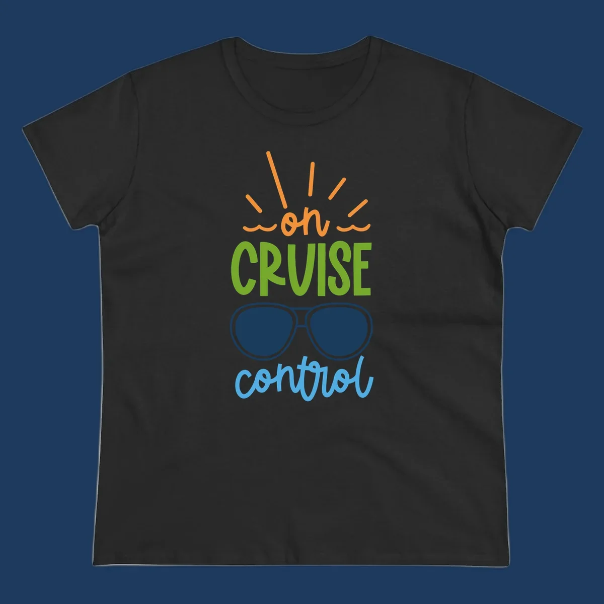 Colorful oh cruise control design with sun rays, wavy lines, and sunglasses illustration