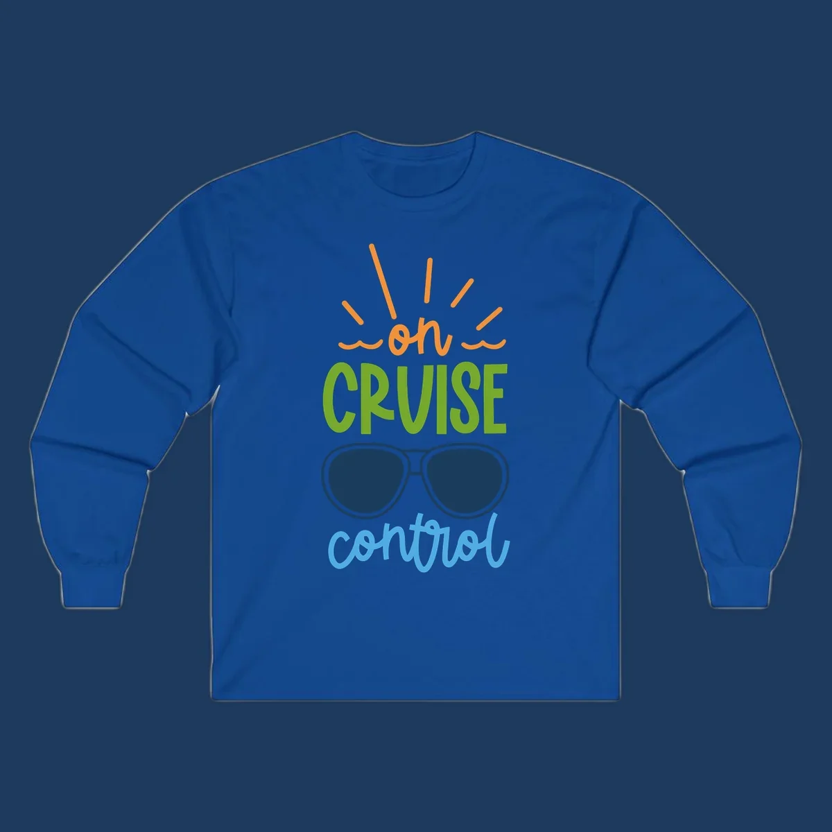 Colorful oh cruise control design with sun rays, wavy lines, and sunglasses illustration