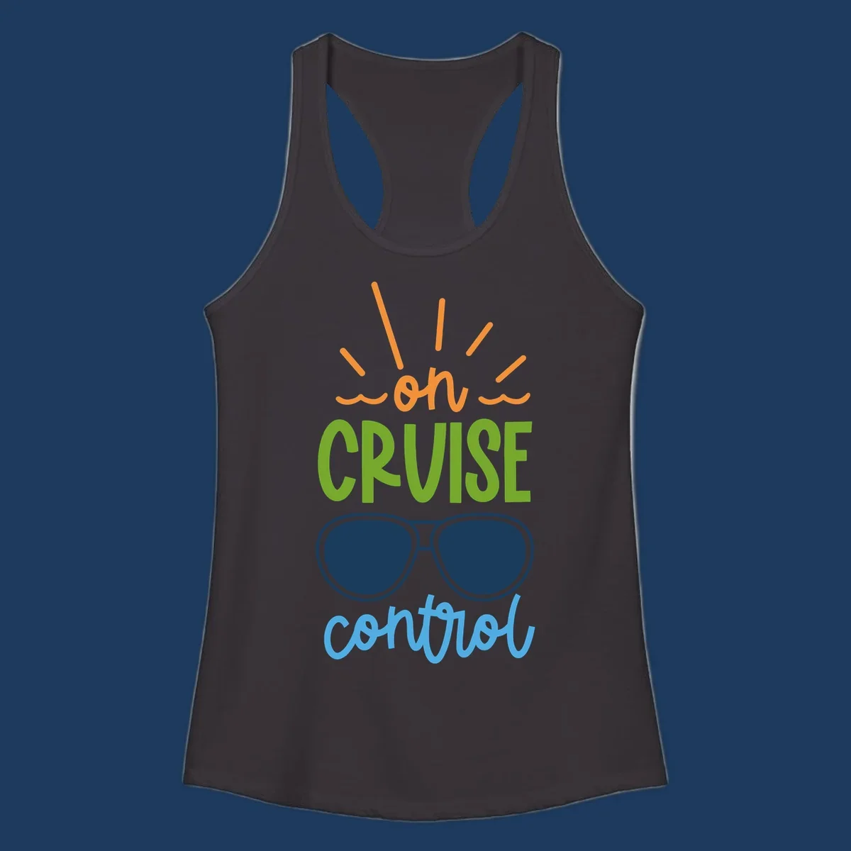 Colorful oh cruise control design with sun rays, wavy lines, and sunglasses illustration