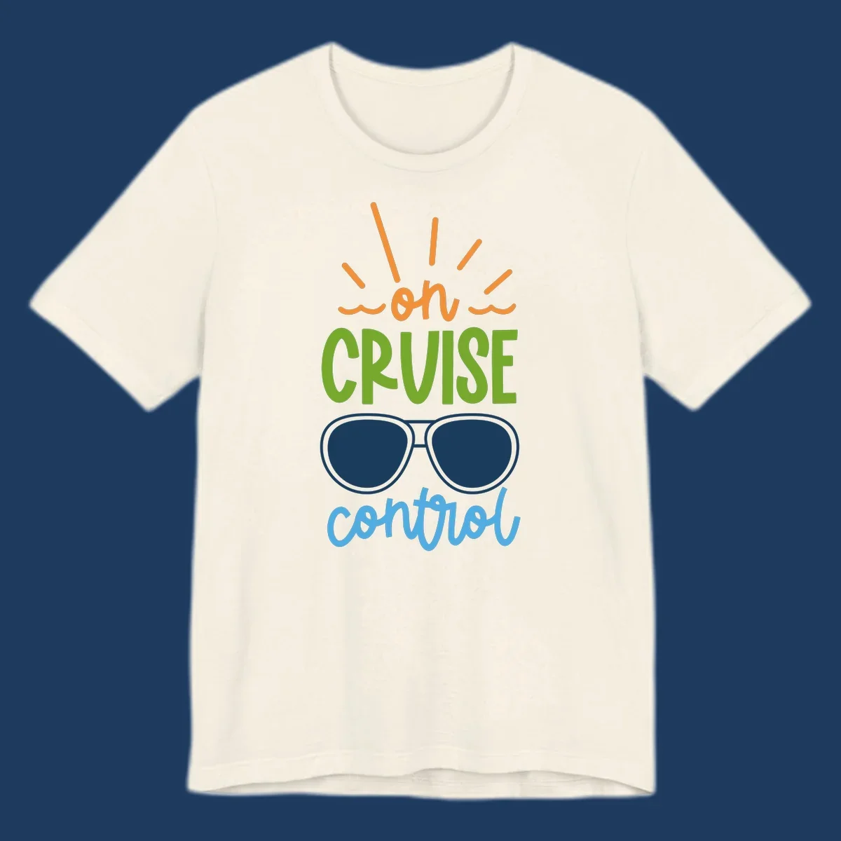 Colorful oh cruise control design with sun rays, wavy lines, and sunglasses illustration