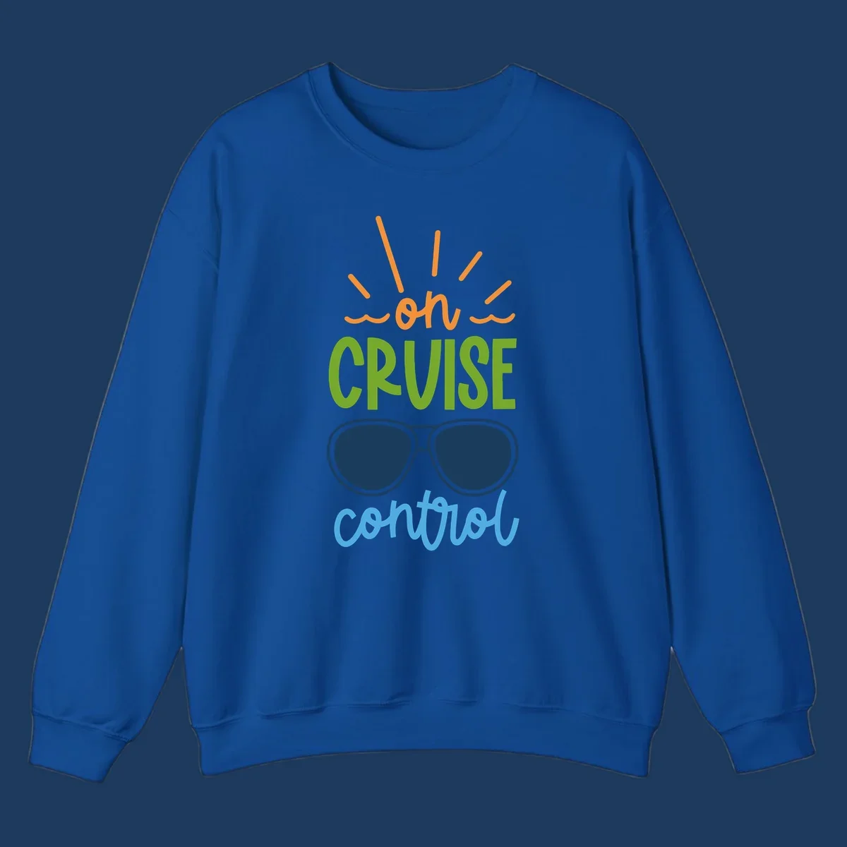 Colorful oh cruise control design with sun rays, wavy lines, and sunglasses illustration