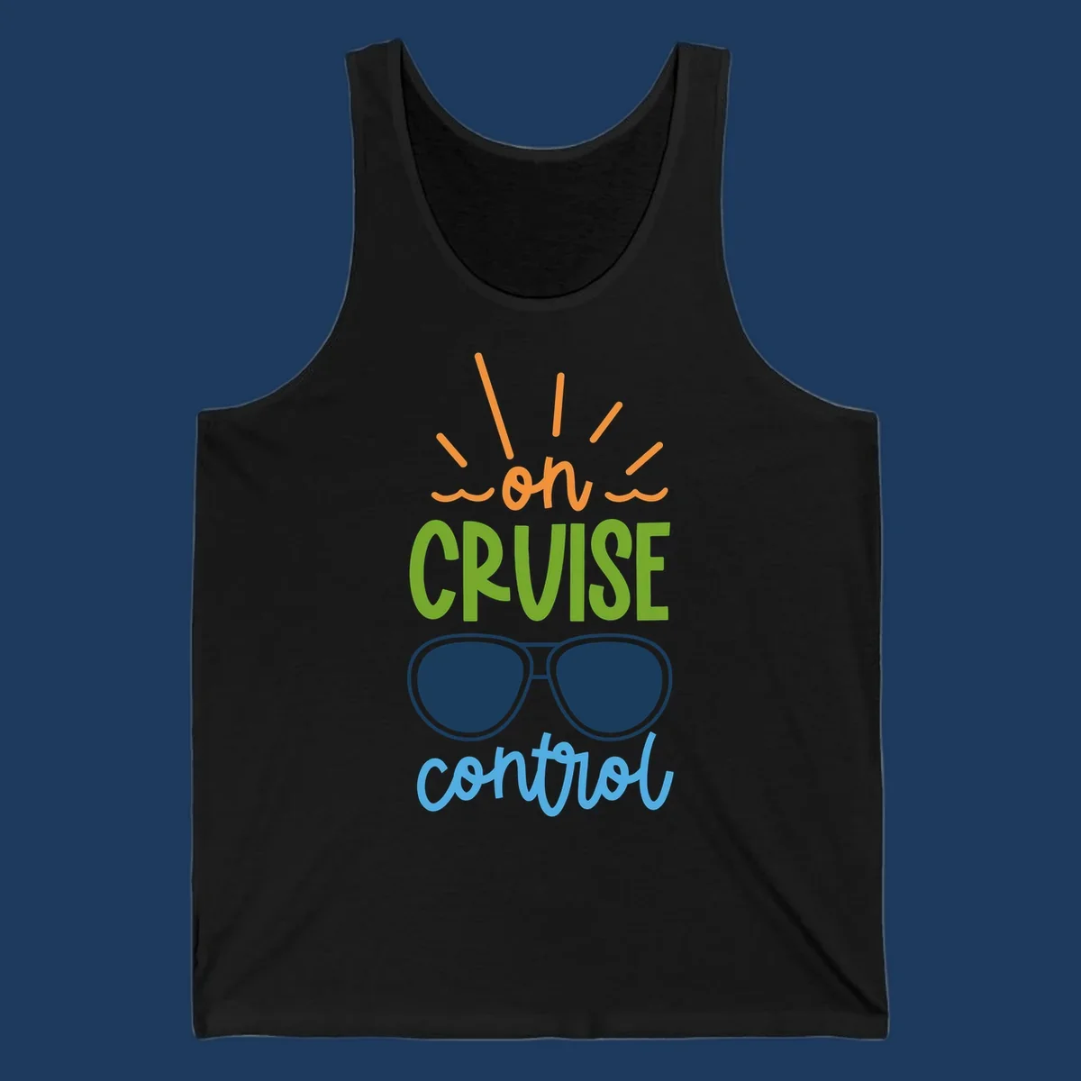 Colorful oh cruise control design with sun rays, wavy lines, and sunglasses illustration