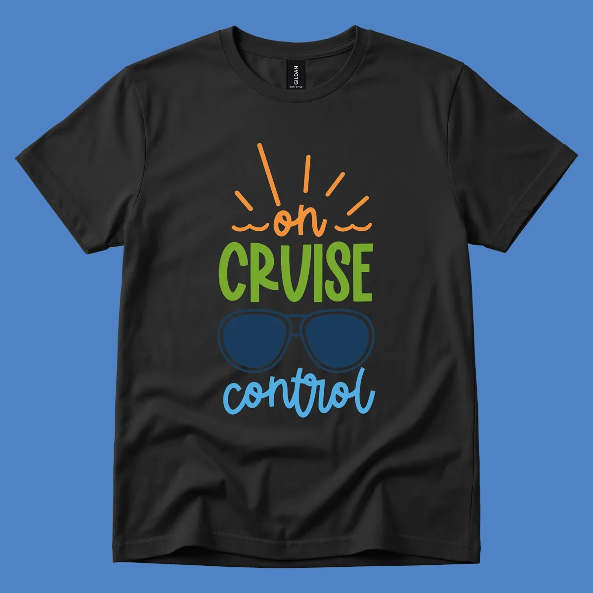 Colorful oh cruise control design with sun rays, wavy lines, and sunglasses illustration