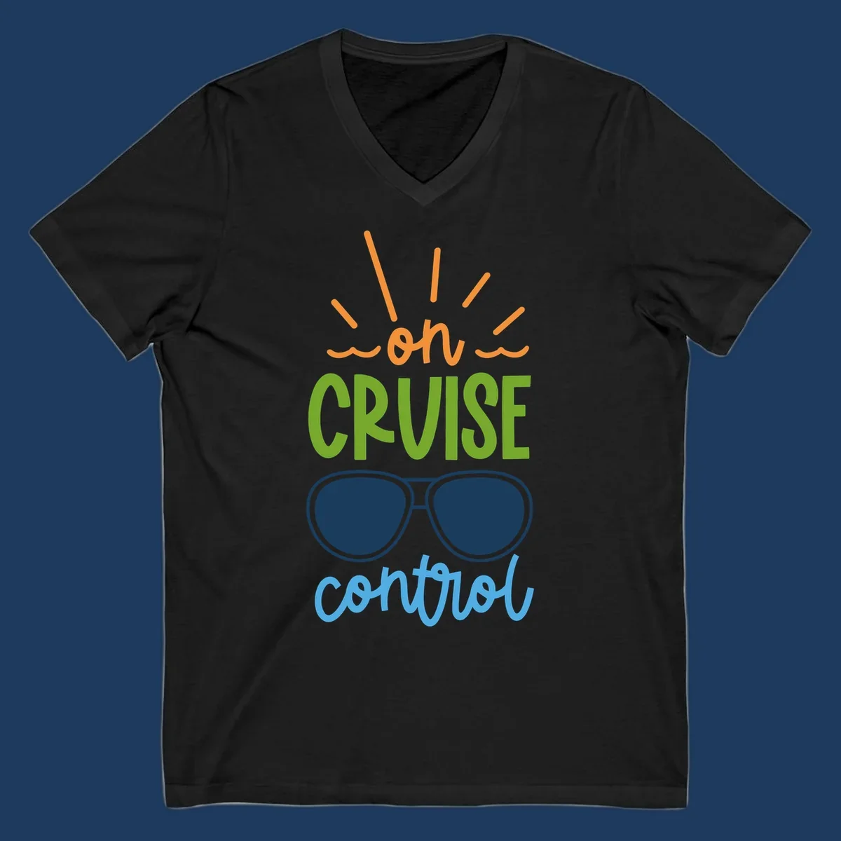Colorful oh cruise control design with sun rays, wavy lines, and sunglasses illustration