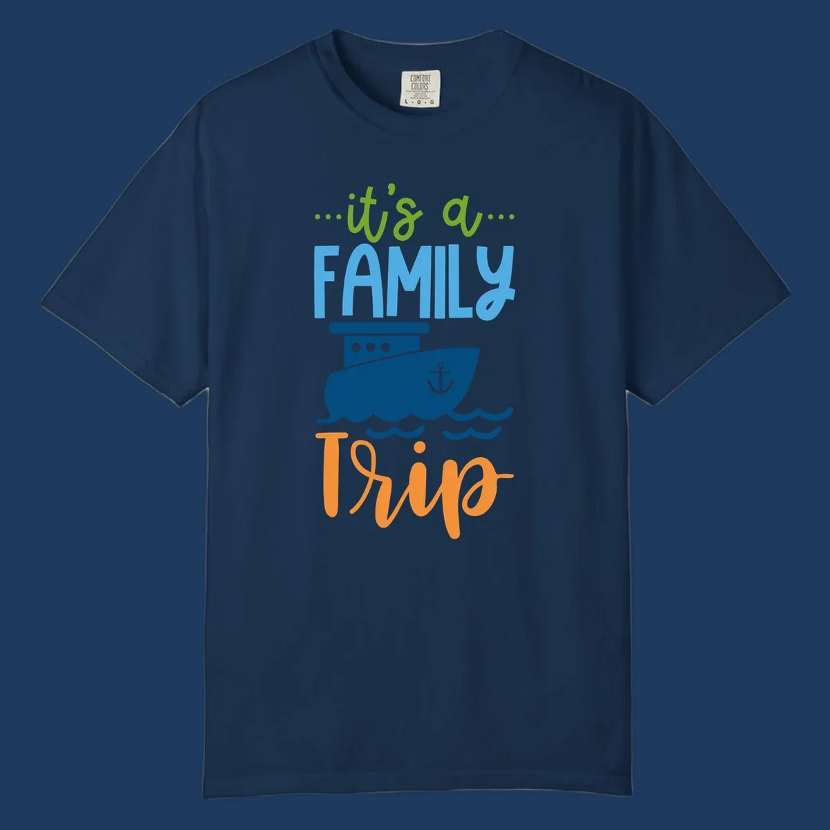 Colorful family cruise trip design with cruise ship, anchor, waves, and playful text saying 'It's a Family Thing' and 'It's a Trip'