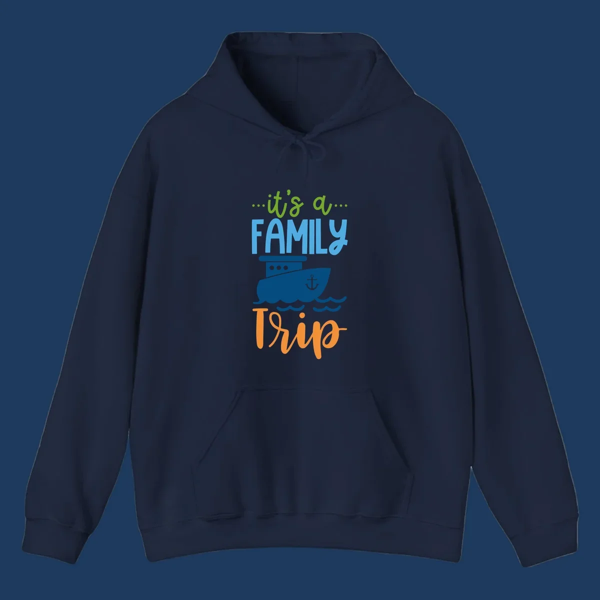 Colorful family cruise trip design with cruise ship, anchor, waves, and playful text saying 'It's a Family Thing' and 'It's a Trip'