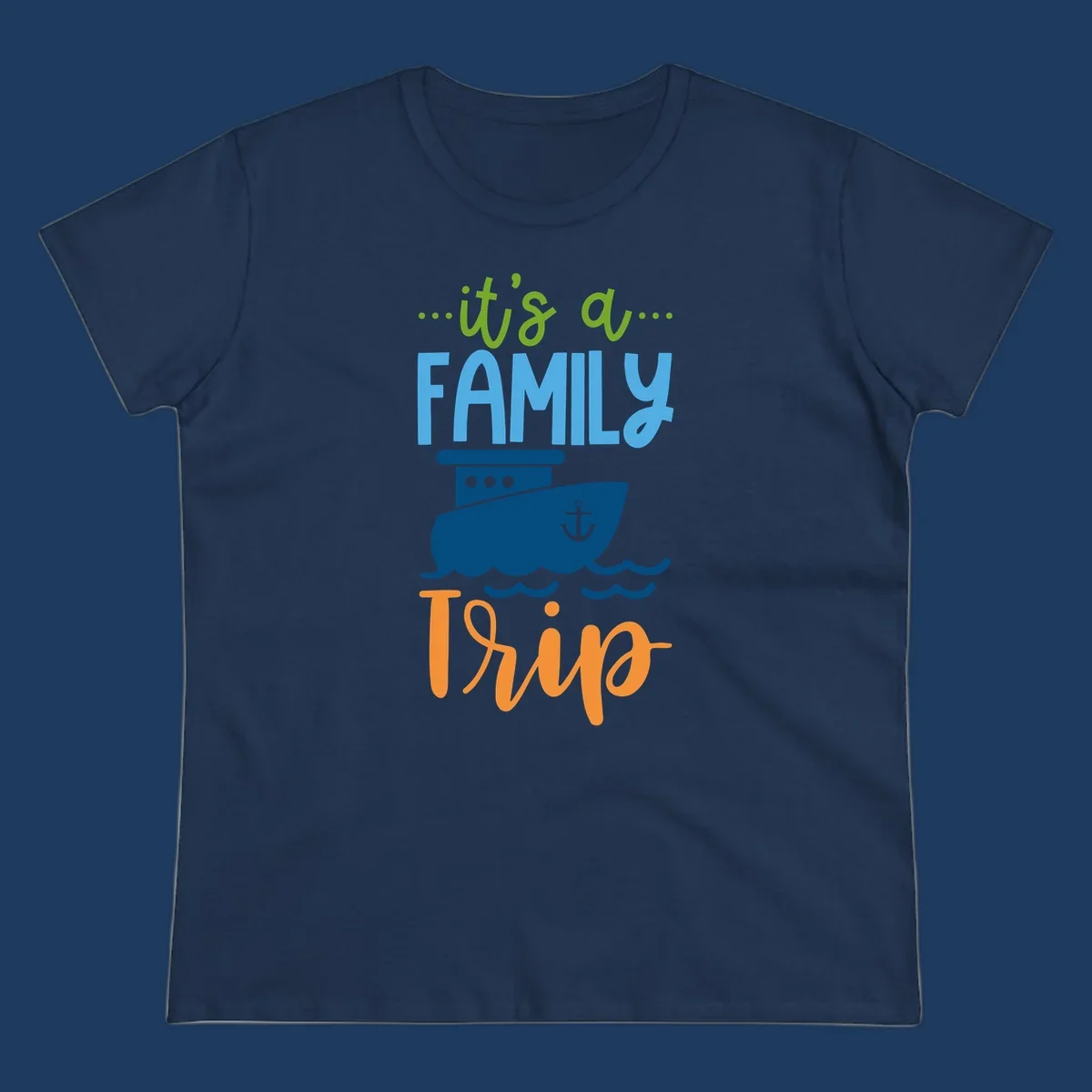 Colorful family cruise trip design with cruise ship, anchor, waves, and playful text saying 'It's a Family Thing' and 'It's a Trip'