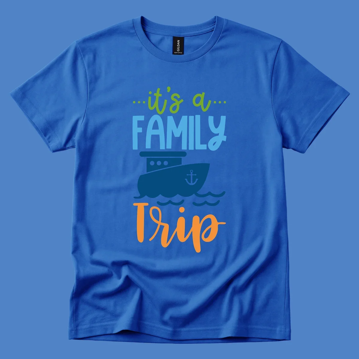 Colorful family cruise trip design with cruise ship, anchor, waves, and playful text saying 'It's a Family Thing' and 'It's a Trip'