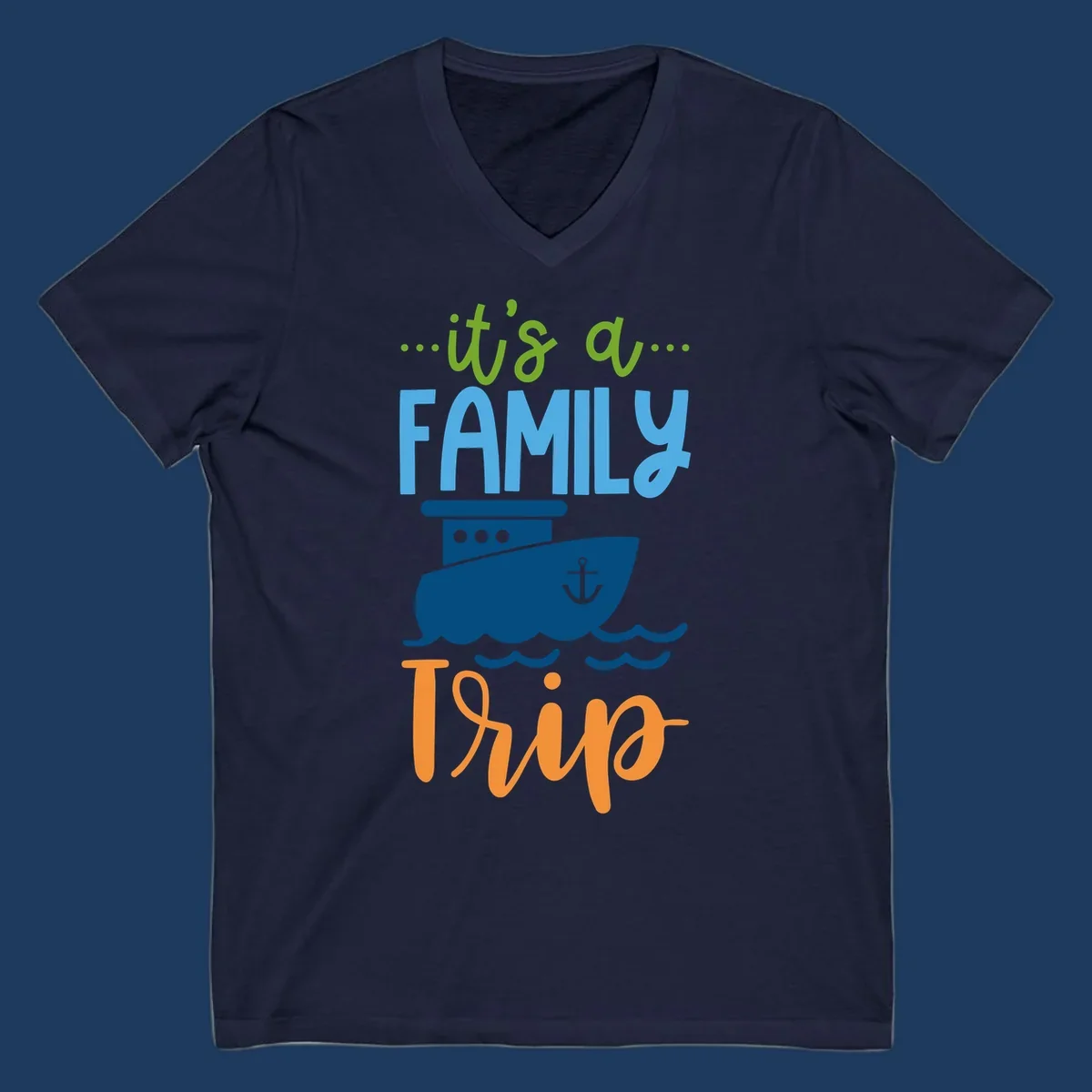 Colorful family cruise trip design with cruise ship, anchor, waves, and playful text saying 'It's a Family Thing' and 'It's a Trip'