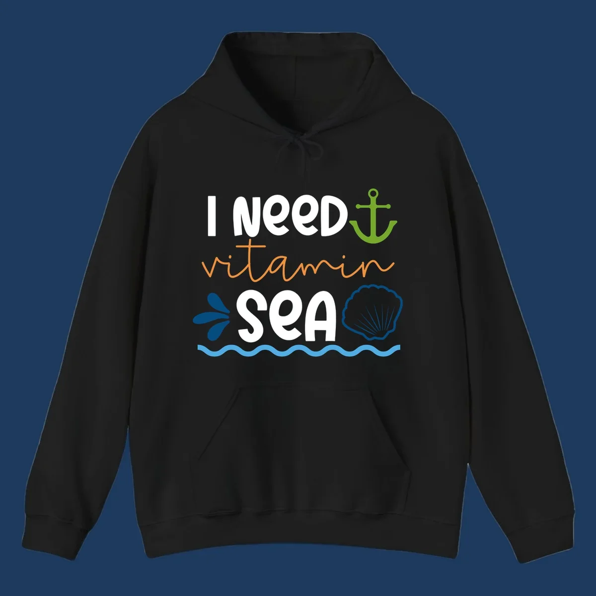 Nautical design with 'I NEED vitamin SEA' text, green anchor, orange waves, blue shell and water droplets on gray background