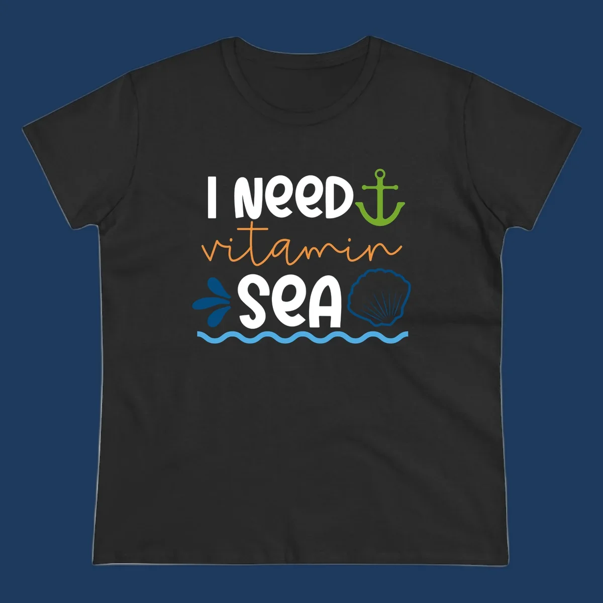 Nautical design with 'I NEED vitamin SEA' text, green anchor, orange waves, blue shell and water droplets on gray background