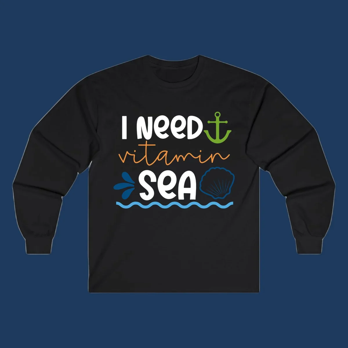 Nautical design with 'I NEED vitamin SEA' text, green anchor, orange waves, blue shell and water droplets on gray background