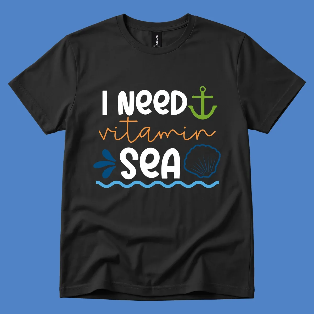 Nautical design with 'I NEED vitamin SEA' text, green anchor, orange waves, blue shell and water droplets on gray background