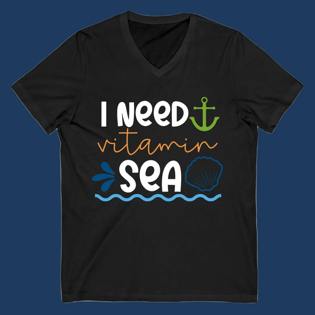 Nautical design with 'I NEED vitamin SEA' text, green anchor, orange waves, blue shell and water droplets on gray background